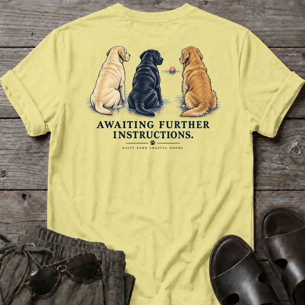 Awaiting Further Instructions Back Design T-Shirt in Cornsilk