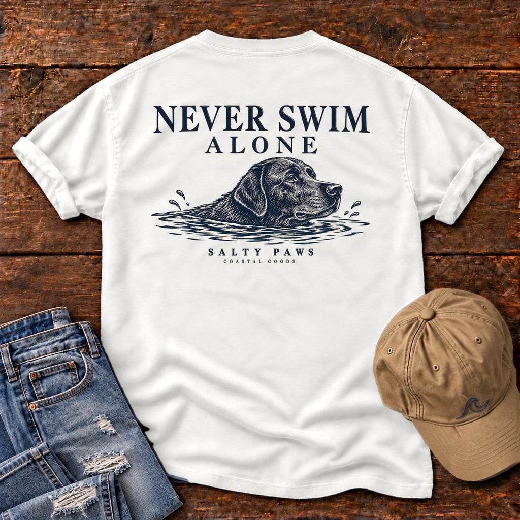 Never Swim Alone Black Lab Comfort Colors T-Shirt in White, back design flat lay