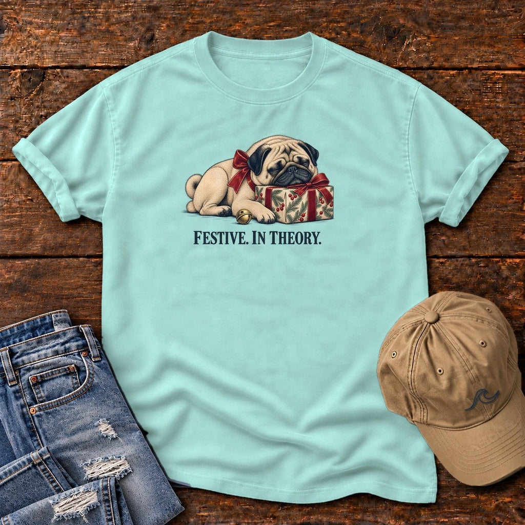 Festive in Theory Pug T-Shirt in Chalky Mint, Salty Paws Comfort Colors T-Shirt, front design flat lay