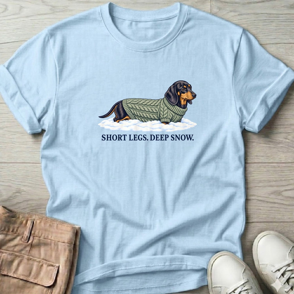 Short Legs Deep Snow Dachshund T-Shirt in Light Blue, Salty Paws T-Shirt, front design flat lay