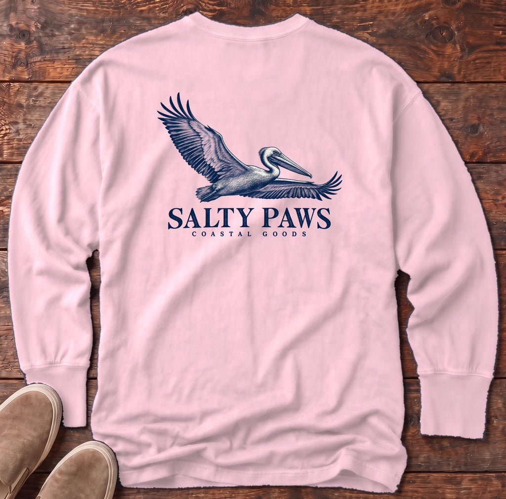Gliding Pelican Coastal Goods Back Design Long Sleeve Tee in Blossom, Salty Paws Comfort Colors Long Sleeve Tee, back design flat lay