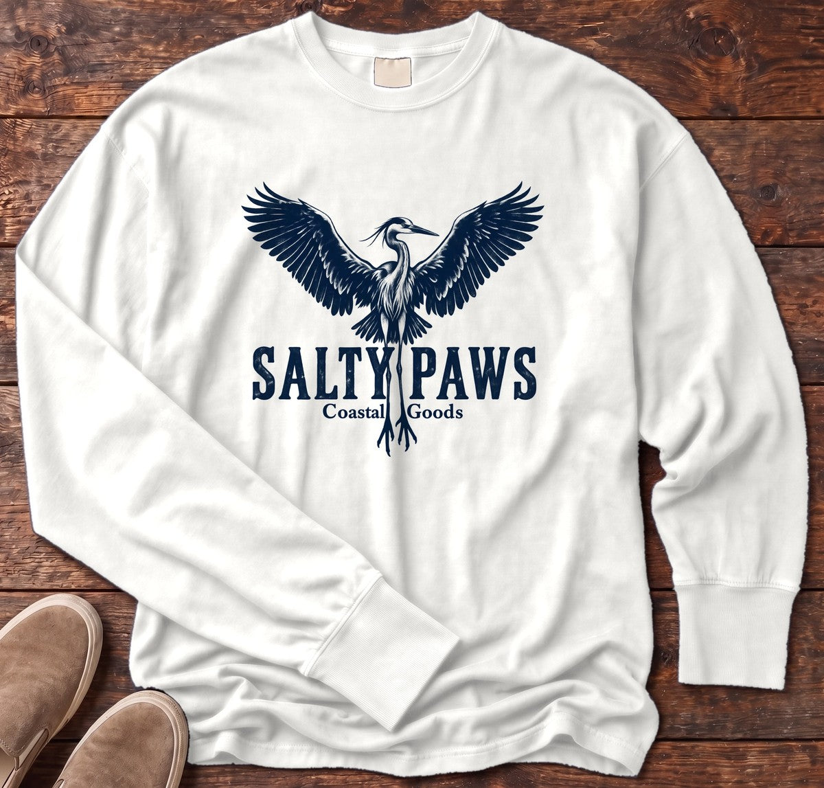 Rising Heron Salty Paws Coastal Goods Long Sleeve Tee in White, Salty Paws Comfort Colors Long Sleeve Tee, front design flat lay