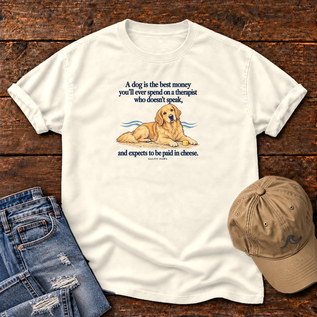 Paid in Cheese Golden Retriever T-Shirt in Ivory, Salty Paws Comfort Colors T-Shirt, front design flat lay