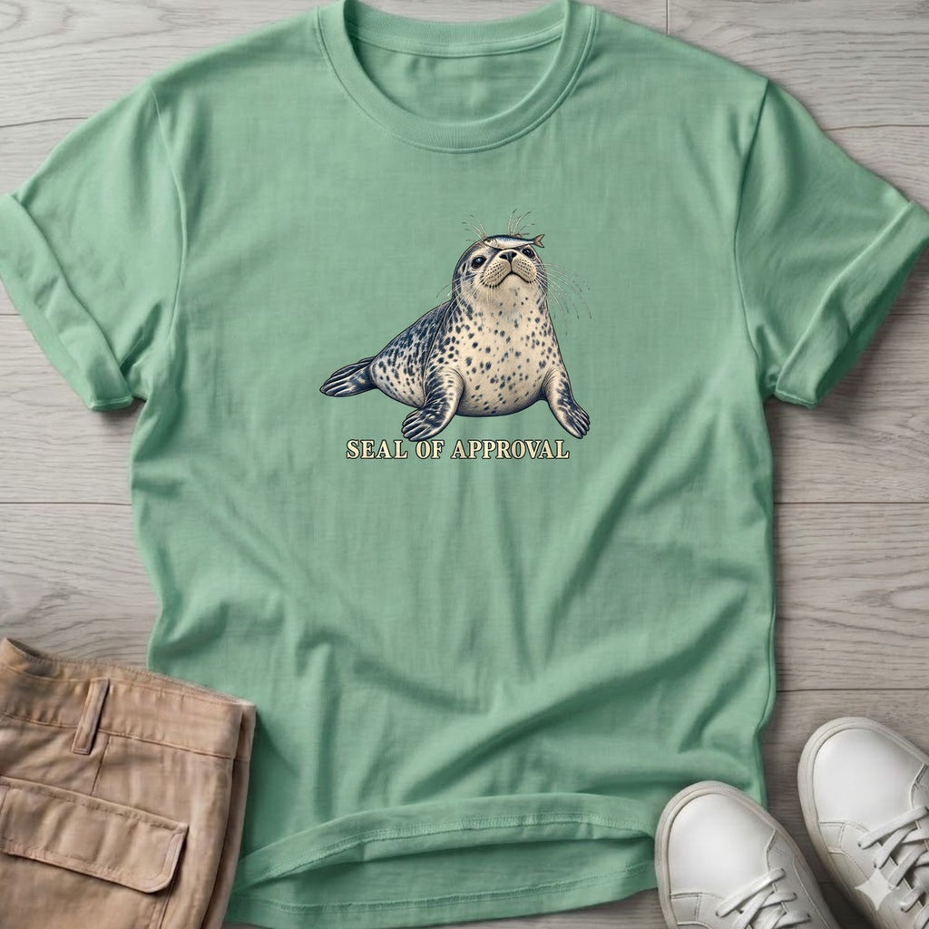Seal of Approval T-Shirt in Mint Green, Salty Paws T-Shirt, front design flat lay