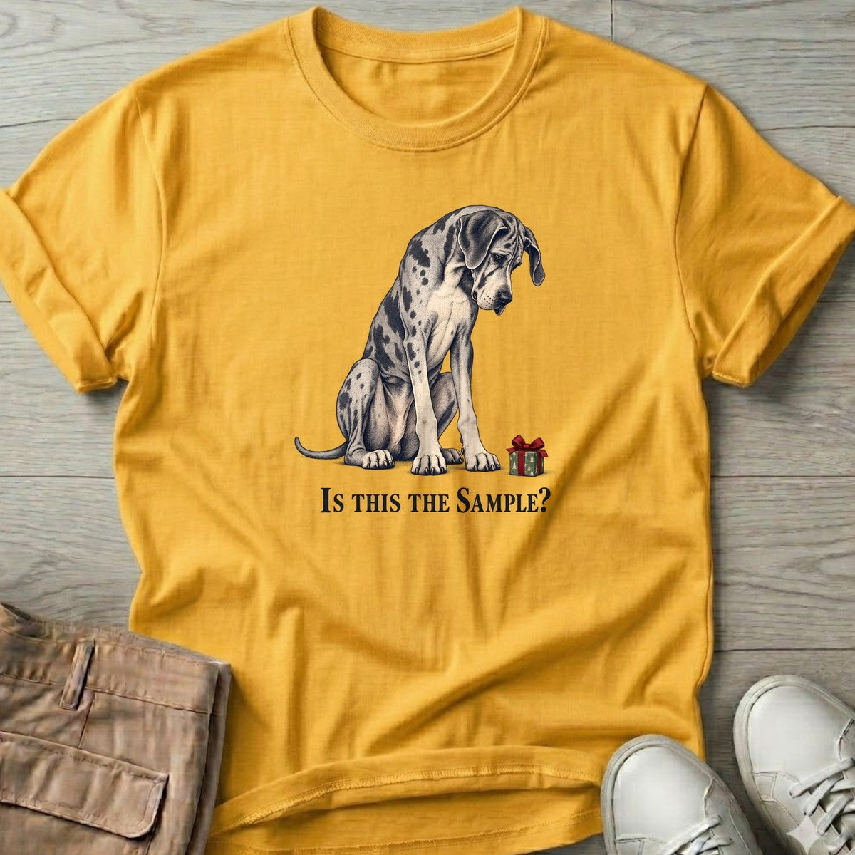 Is This the Sample Great Dane T-Shirt in Daisy, Salty Paws T-Shirt, front design flat lay