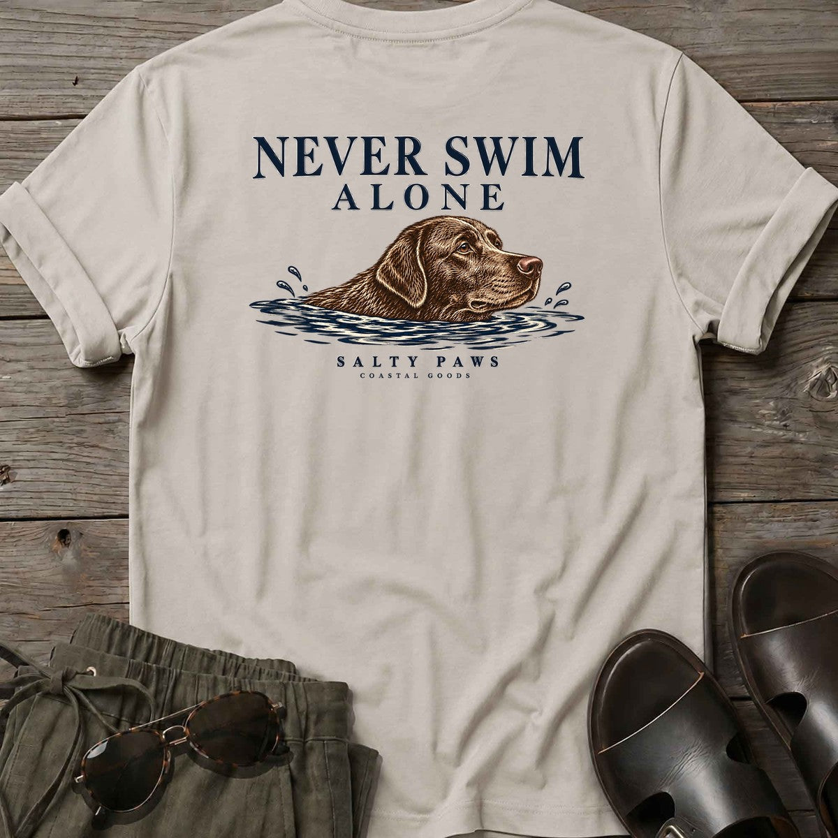 Never Swim Alone Chocolate Lab Back Design T-Shirt in Ice Grey, back design flat lay