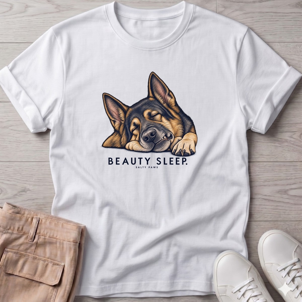 Beauty Sleep German Shepherd T-Shirt in White, Salty Paws T-Shirt, front design flat lay