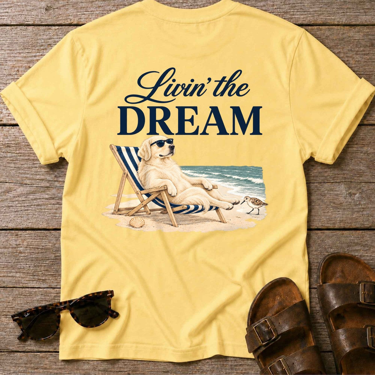 Livin' the Dream Cream Retriever Back Design T-Shirt in Daisy, Salty Paws coastal t-shirt