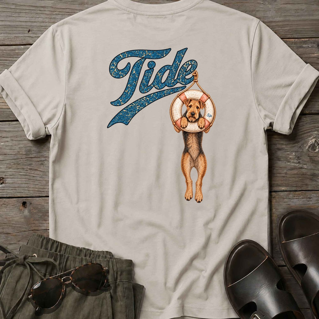 Tide Airedale Back Design T-Shirt in Ice Grey, Salty Paws T-Shirt, back design flat lay