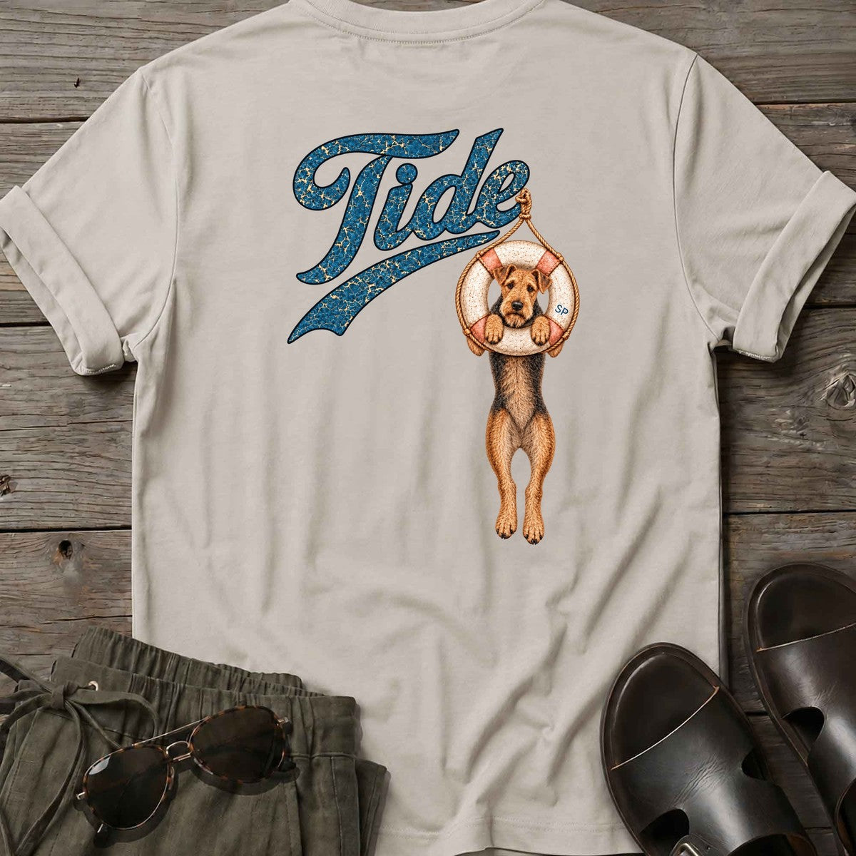 Tide Airedale Back Design T-Shirt in Ice Grey, Salty Paws T-Shirt, back design flat lay