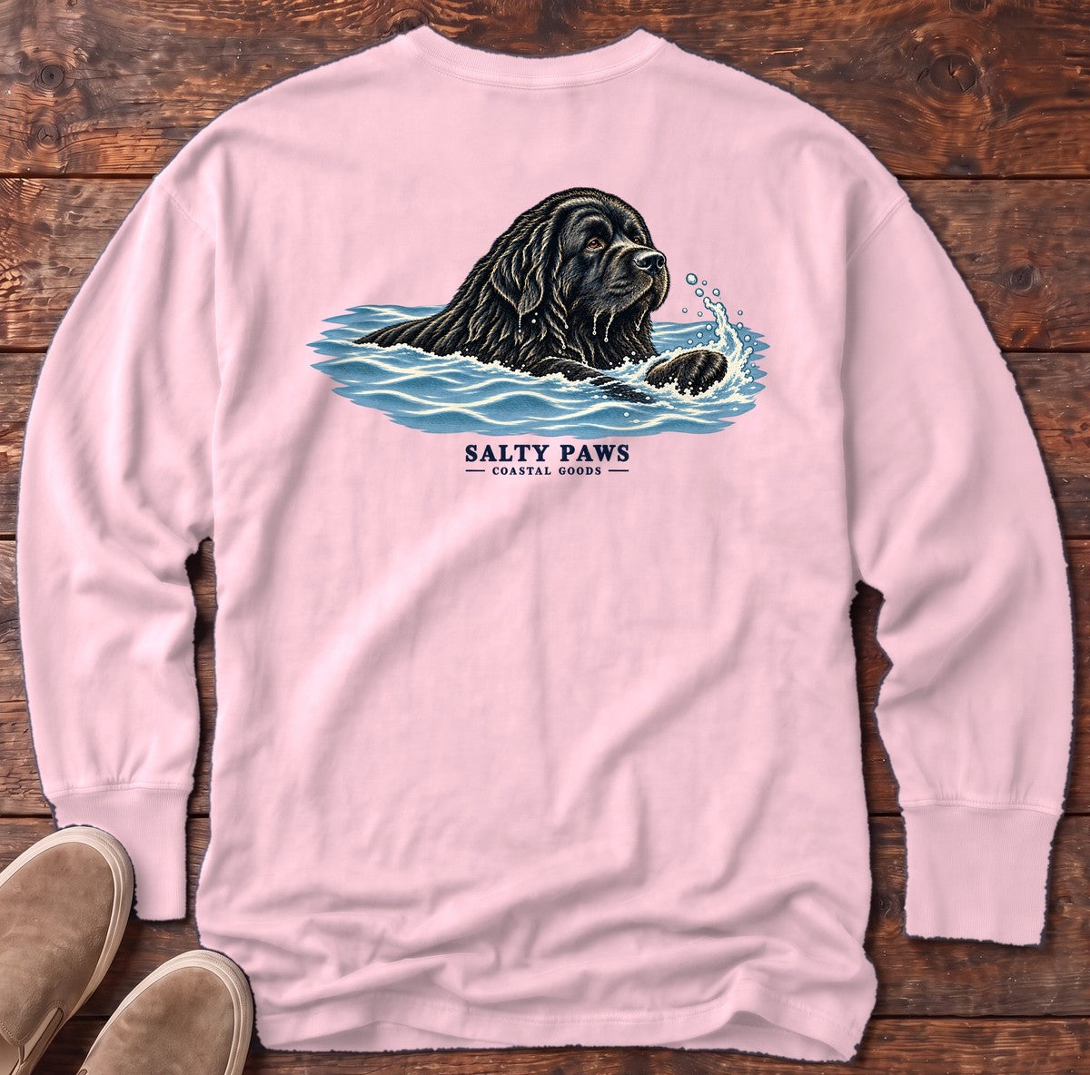 Swimming Newfoundland Back Design Long Sleeve Tee in Blossom, Salty Paws Comfort Colors Long Sleeve Tee, back design flat lay