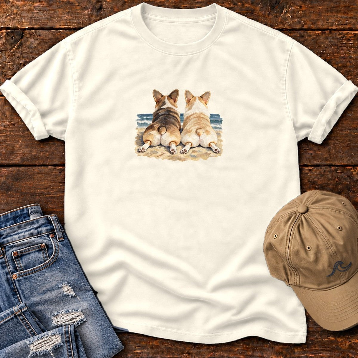 Two Corgis at the Ocean T-Shirt in Ivory, Salty Paws Comfort Colors T-Shirt, front design flat lay