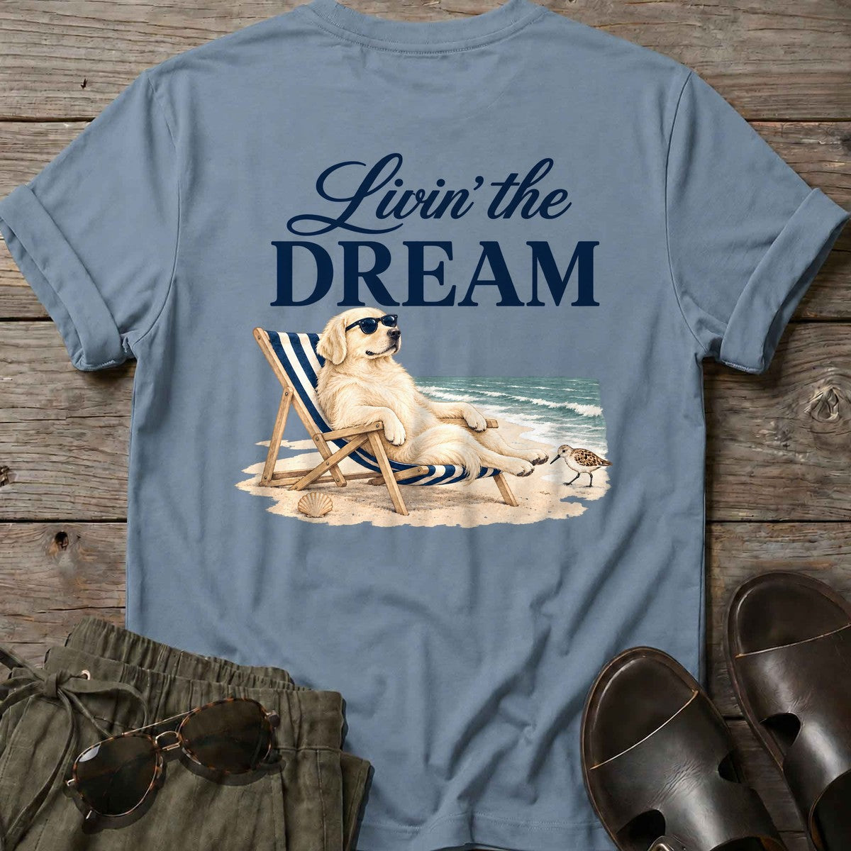 Livin' the Dream Cream Retriever Back Design T-Shirt in Stone Blue, Salty Paws coastal t-shirt