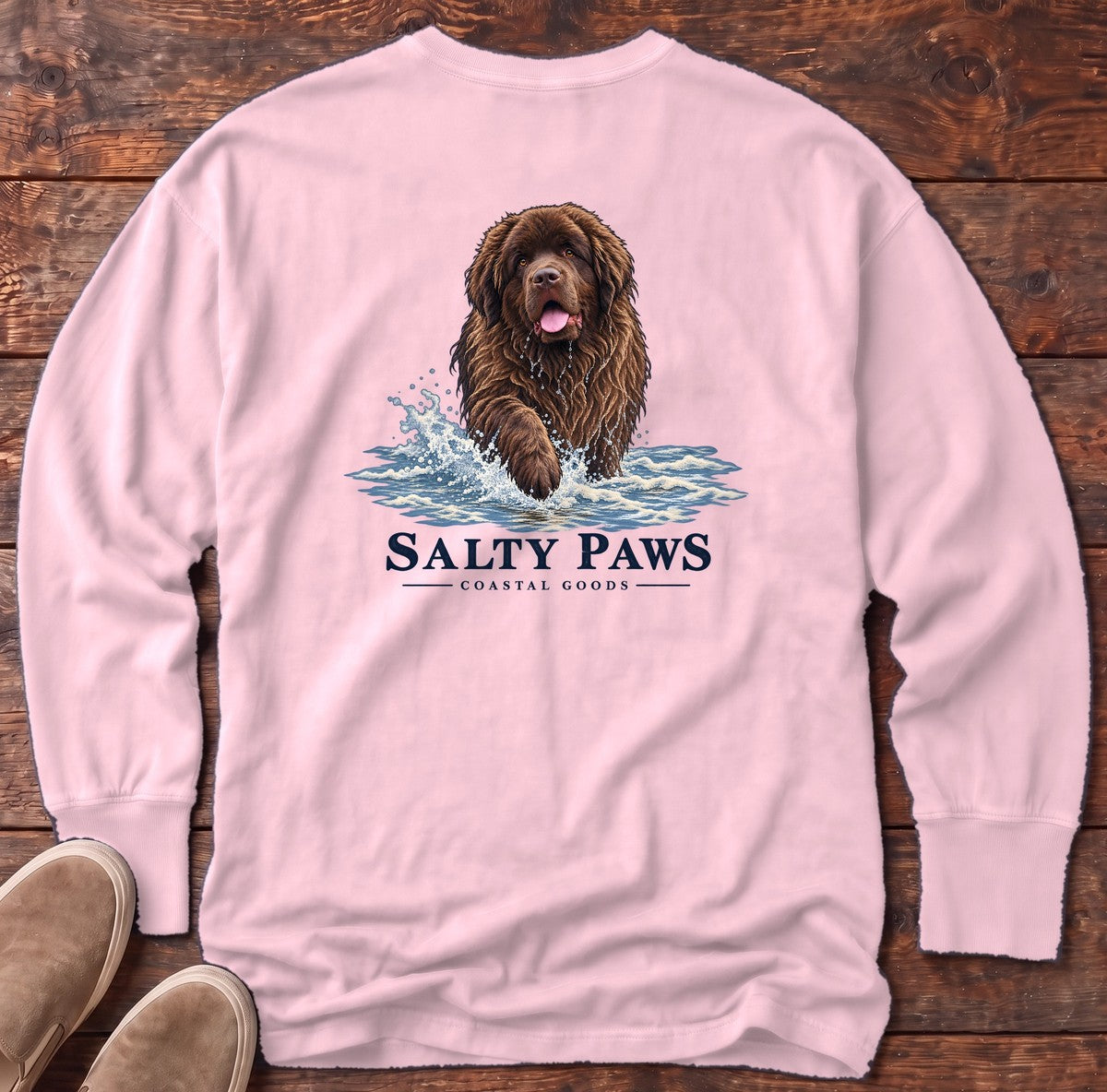 Brown Newfoundland Surf Back Design Long Sleeve Tee in Blossom, Salty Paws Comfort Colors Long Sleeve Tee, back design flat lay
