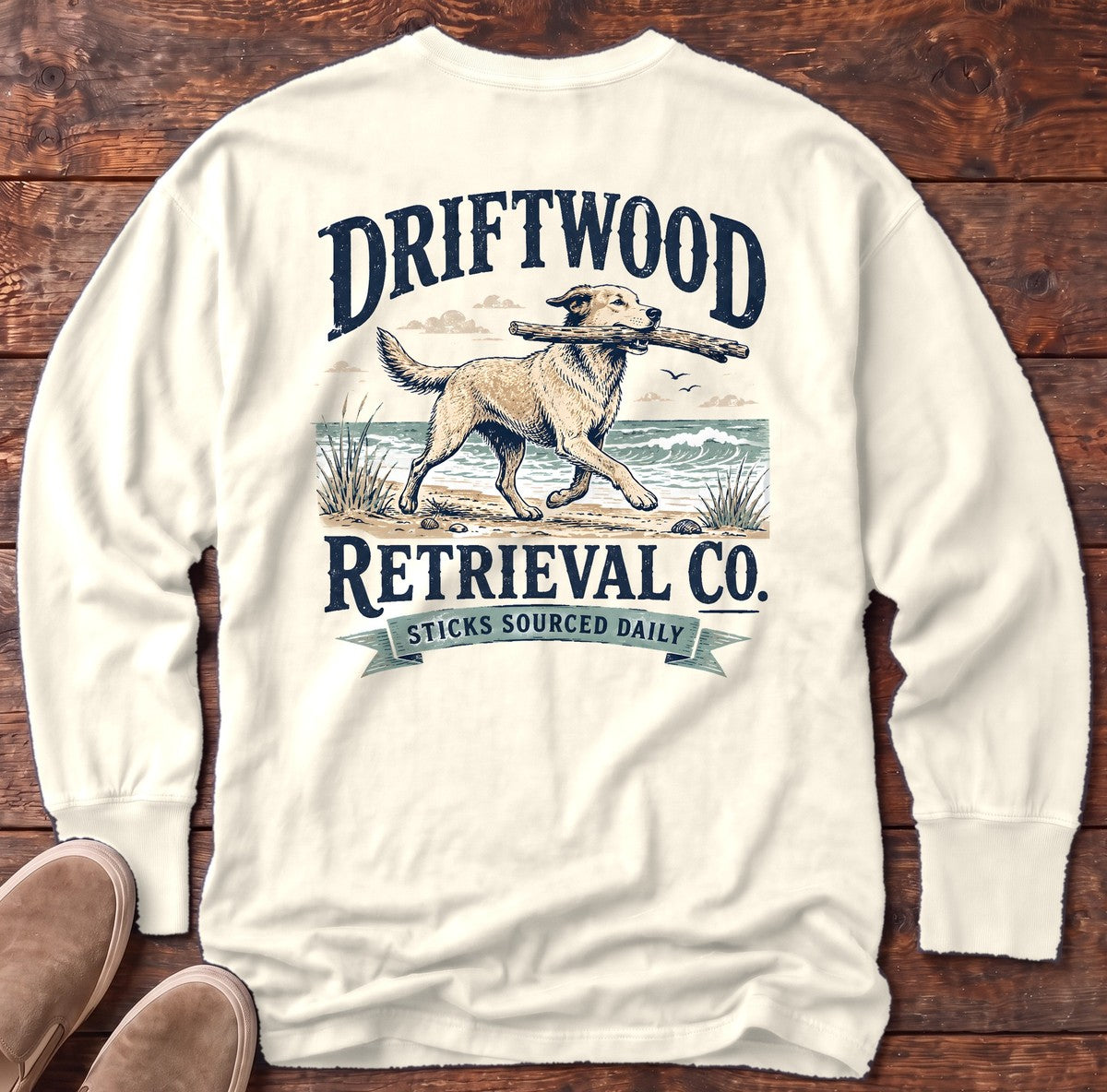 Driftwood Retriever Back Design Long Sleeve Tee in Ivory, Salty Paws Comfort Colors long sleeve tee