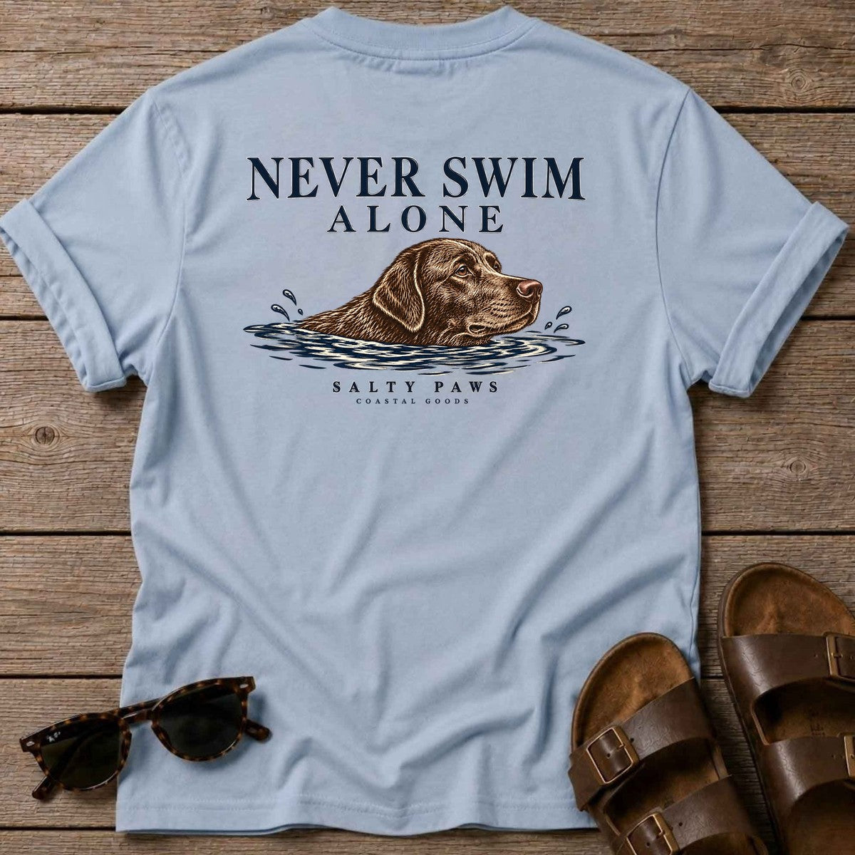 Never Swim Alone Chocolate Lab Back Design T-Shirt in Light Blue, back design flat lay