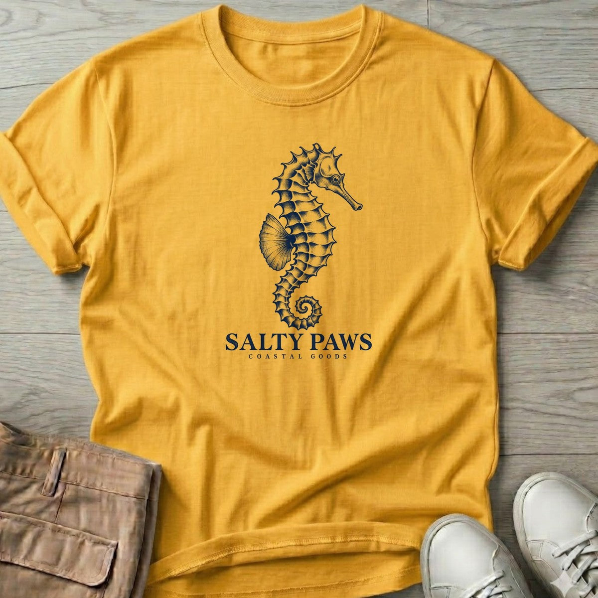 Seahorse Coastal Goods T-Shirt in Daisy, Salty Paws T-Shirt, front design flat lay
