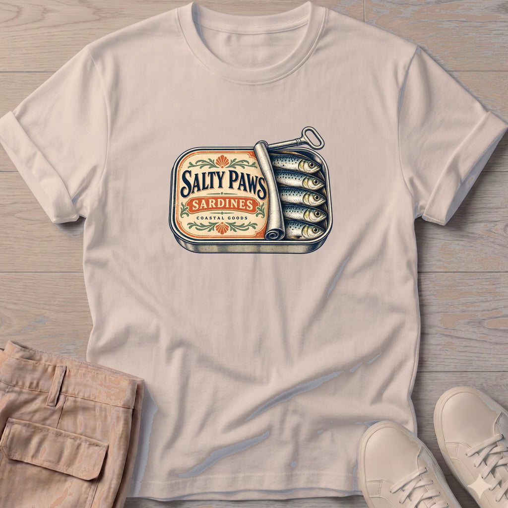 Salty Paws Sardines Coastal Goods T-Shirt in Sand, Salty Paws T-Shirt, front design flat lay