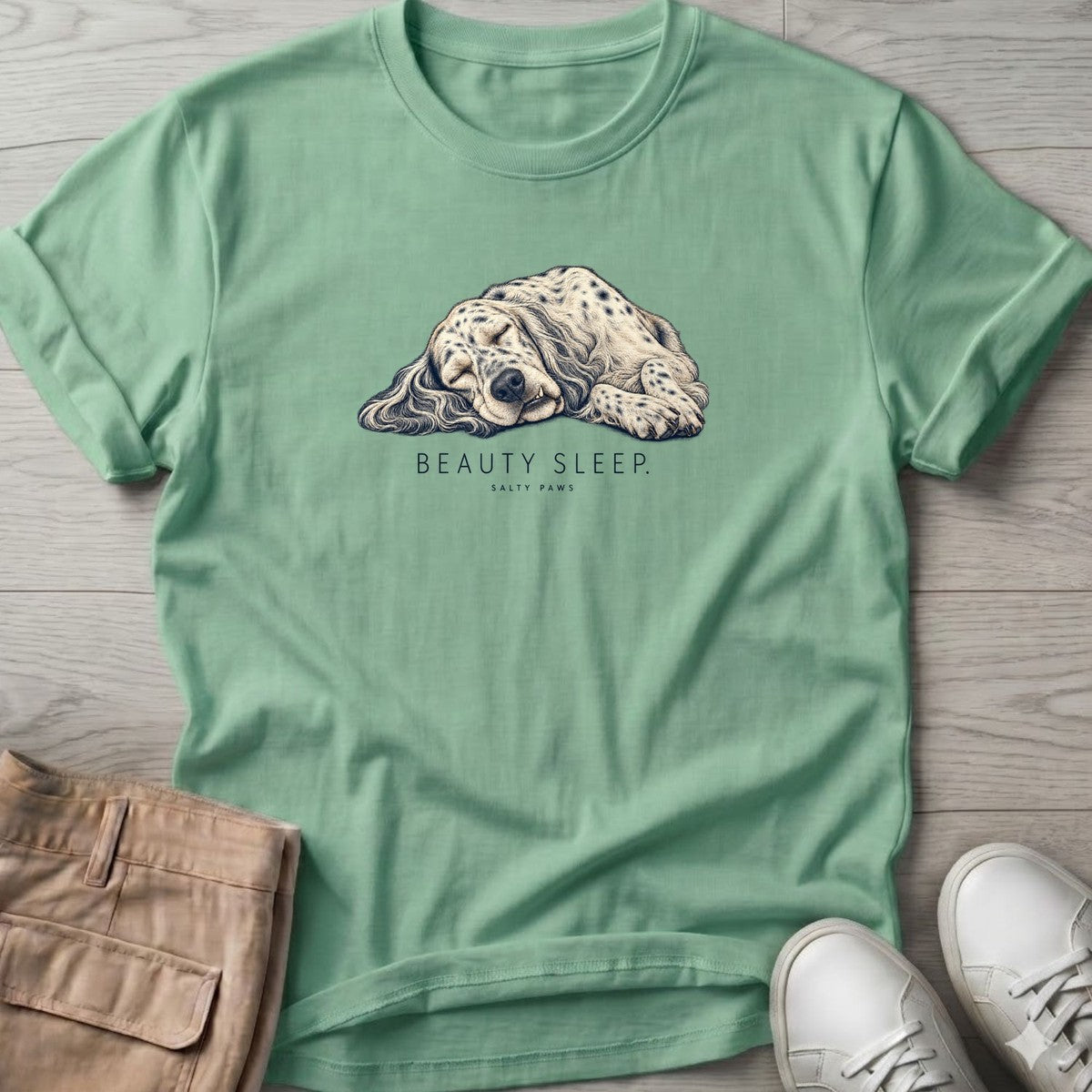 Beauty Sleep English Setter T-Shirt in Mint Green, Salty Paws T-Shirt, front design flat lay
