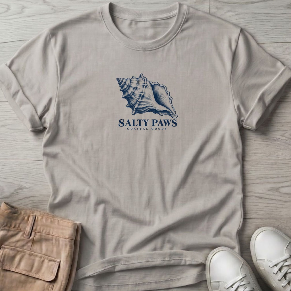 Conch Shell T-Shirt in Ice Grey, Salty Paws T-Shirt, front design flat lay