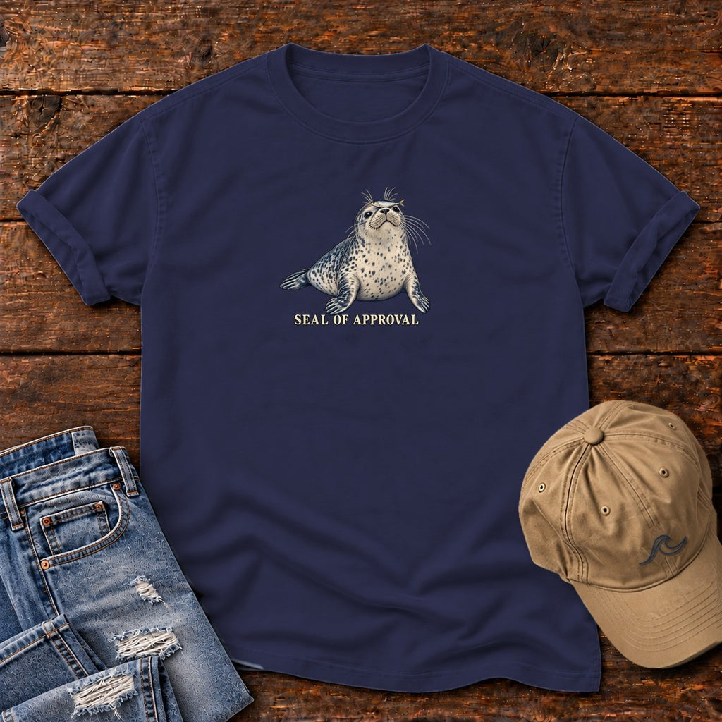 Seal of Approval T-Shirt in True Navy, Salty Paws Comfort Colors T-Shirt, front design flat lay