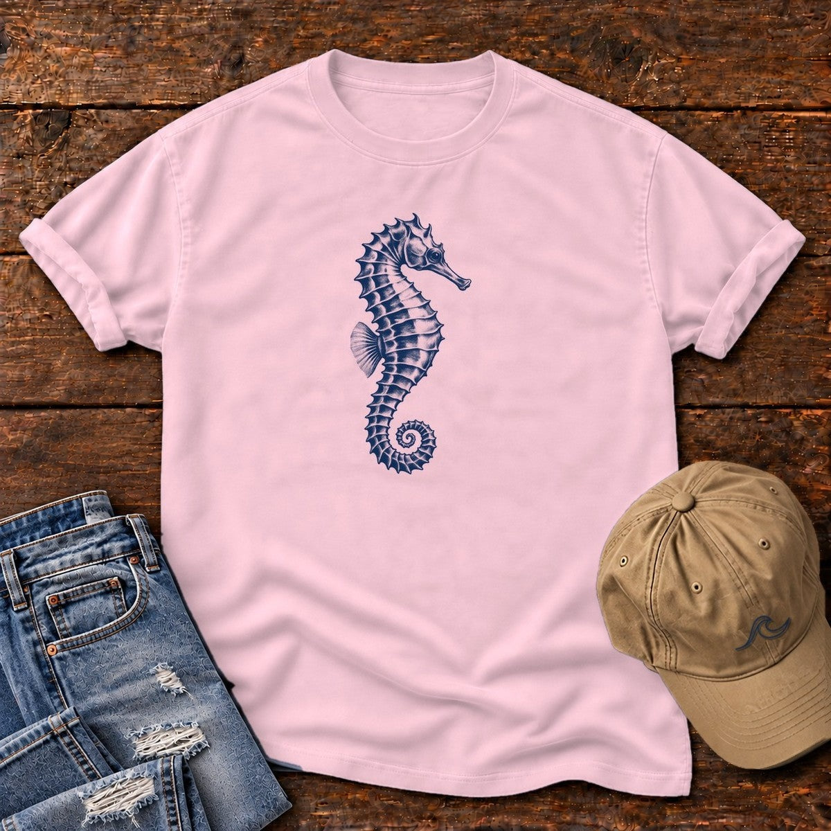 Navy Seahorse T-Shirt in Blossom, Salty Paws Comfort Colors T-Shirt, front design flat lay