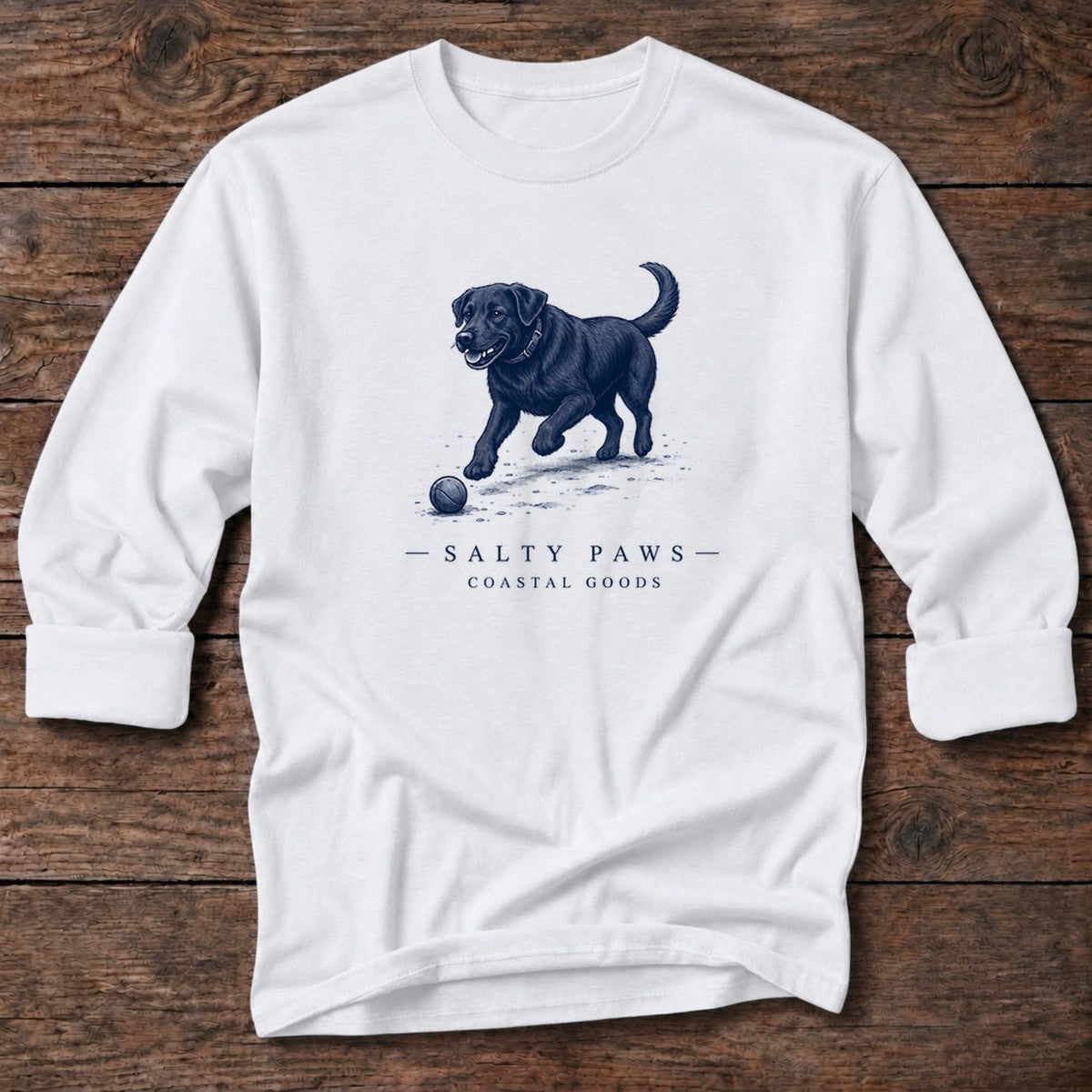 Black Labrador Ball Long Sleeve Tee in White, Salty Paws coastal tee