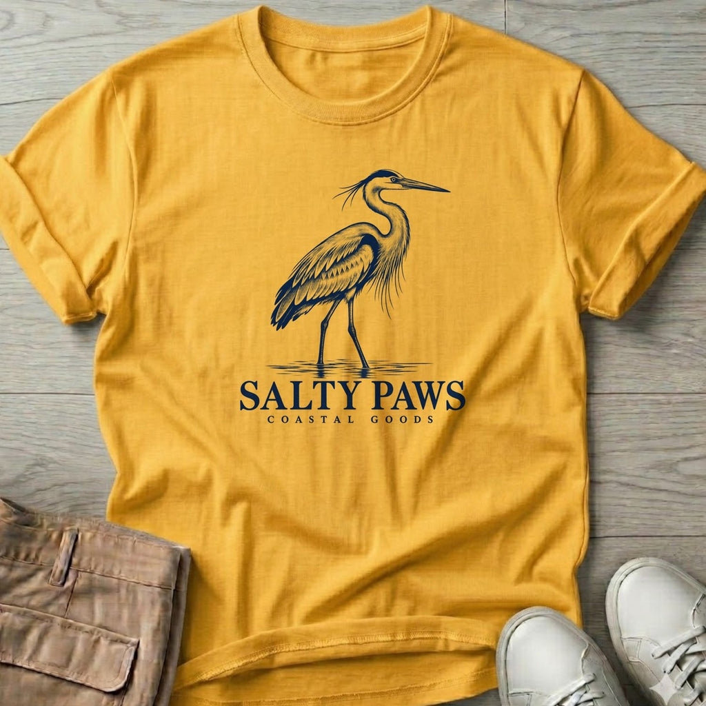 Great Blue Heron Coastal Goods T-Shirt in Daisy, Salty Paws T-Shirt, front design flat lay