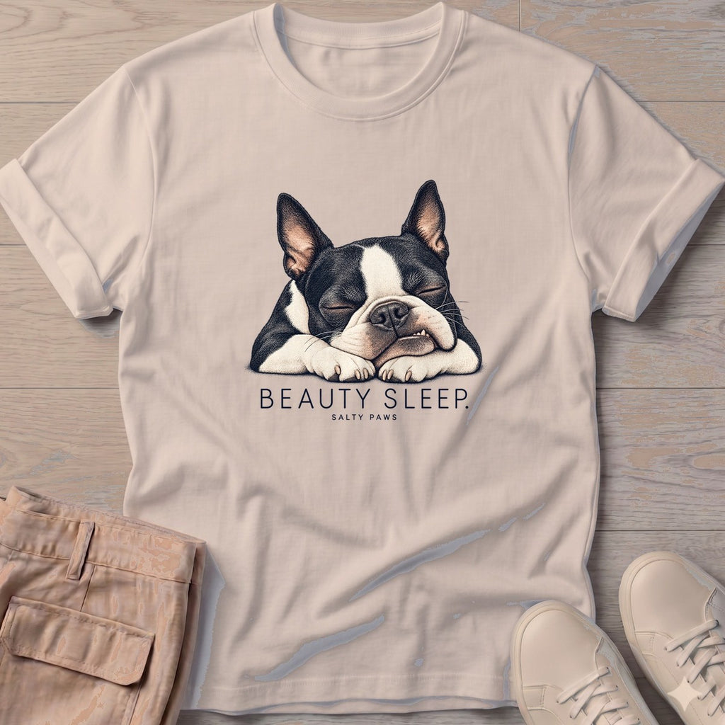 Beauty Sleep Boston Terrier T-Shirt in Sand, Salty Paws T-Shirt, front design flat lay