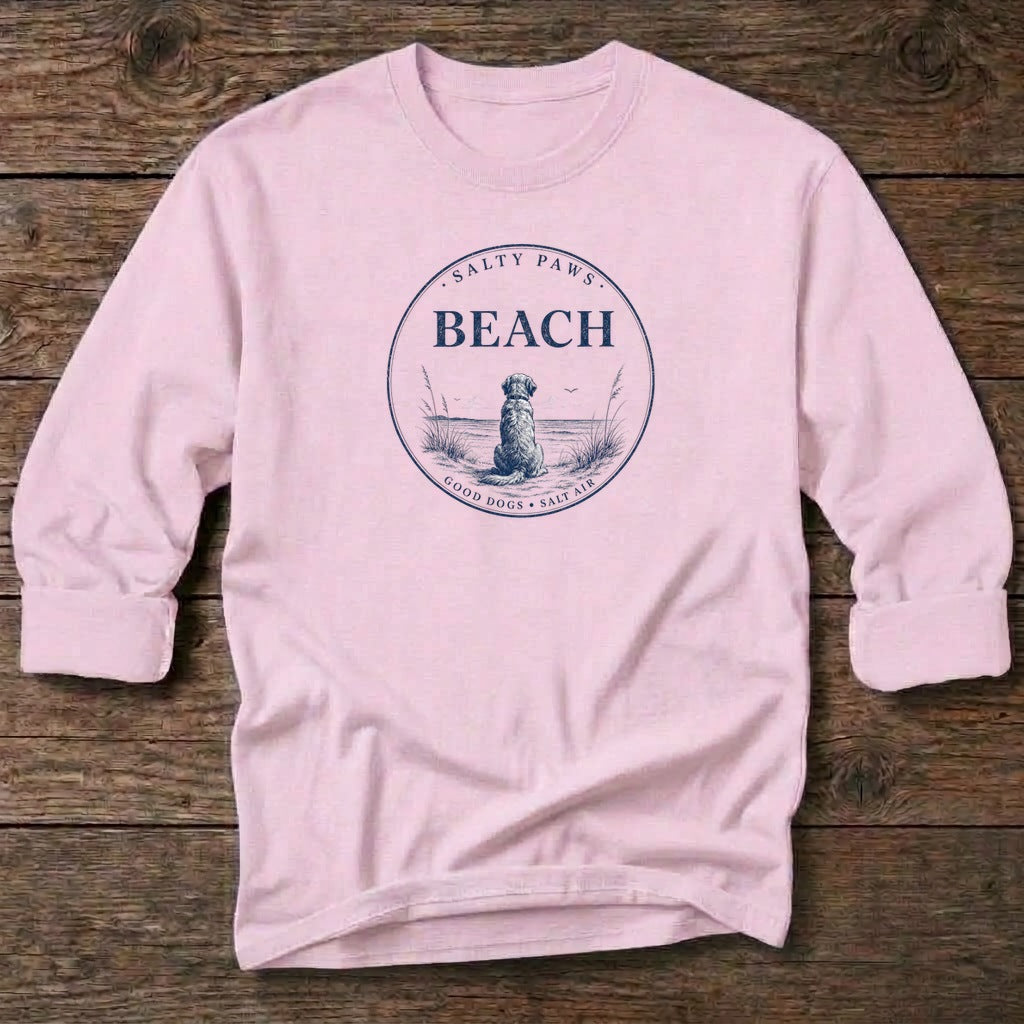 Beach Good Dogs Salt Air T-Shirt in Light Pink, Salty Paws coastal long sleeve tee
