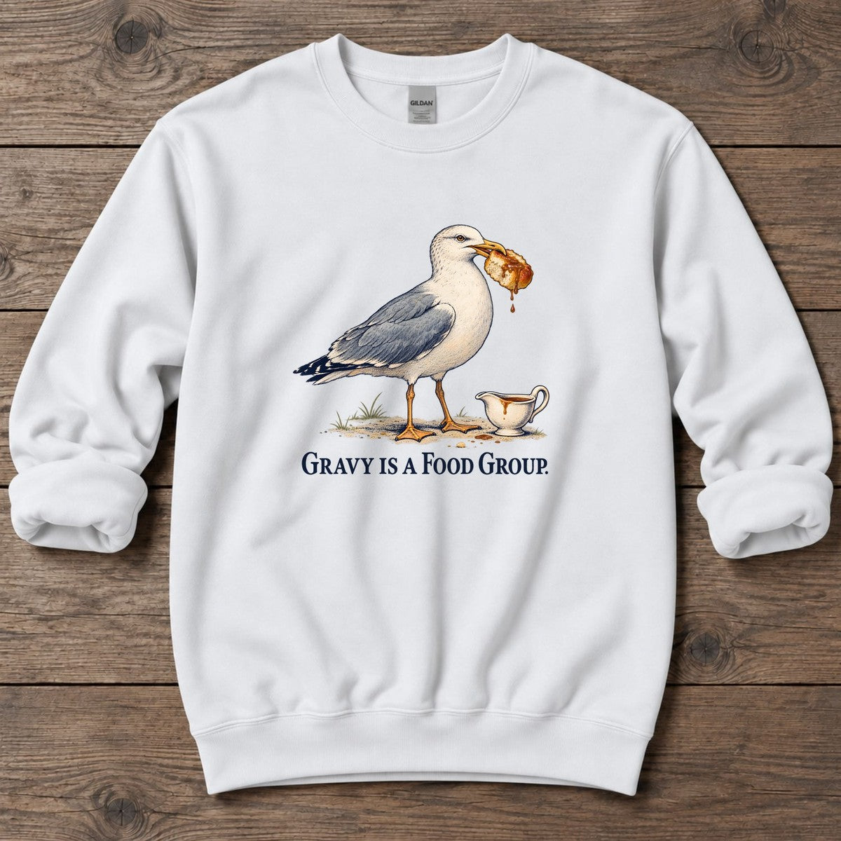 Gravy Is a Food Group Seagull Midweight Sweatshirt in White, Salty Paws Midweight Sweatshirt, front design flat lay
