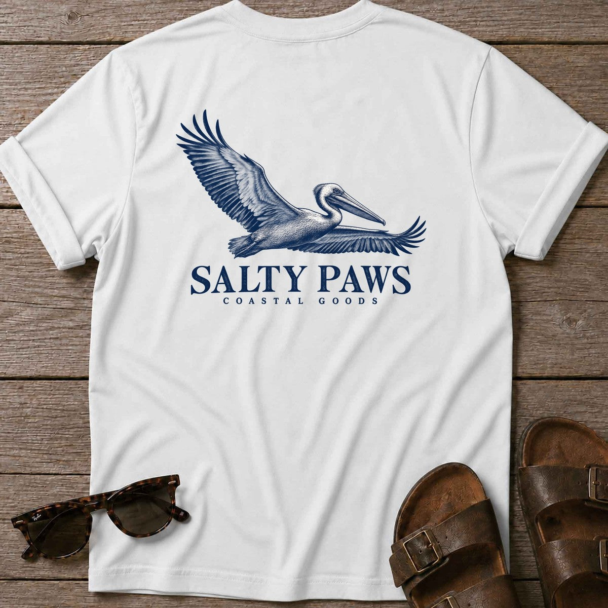 Gliding Pelican Coastal Goods Back Design T-Shirt in White, Salty Paws T-Shirt, back design flat lay