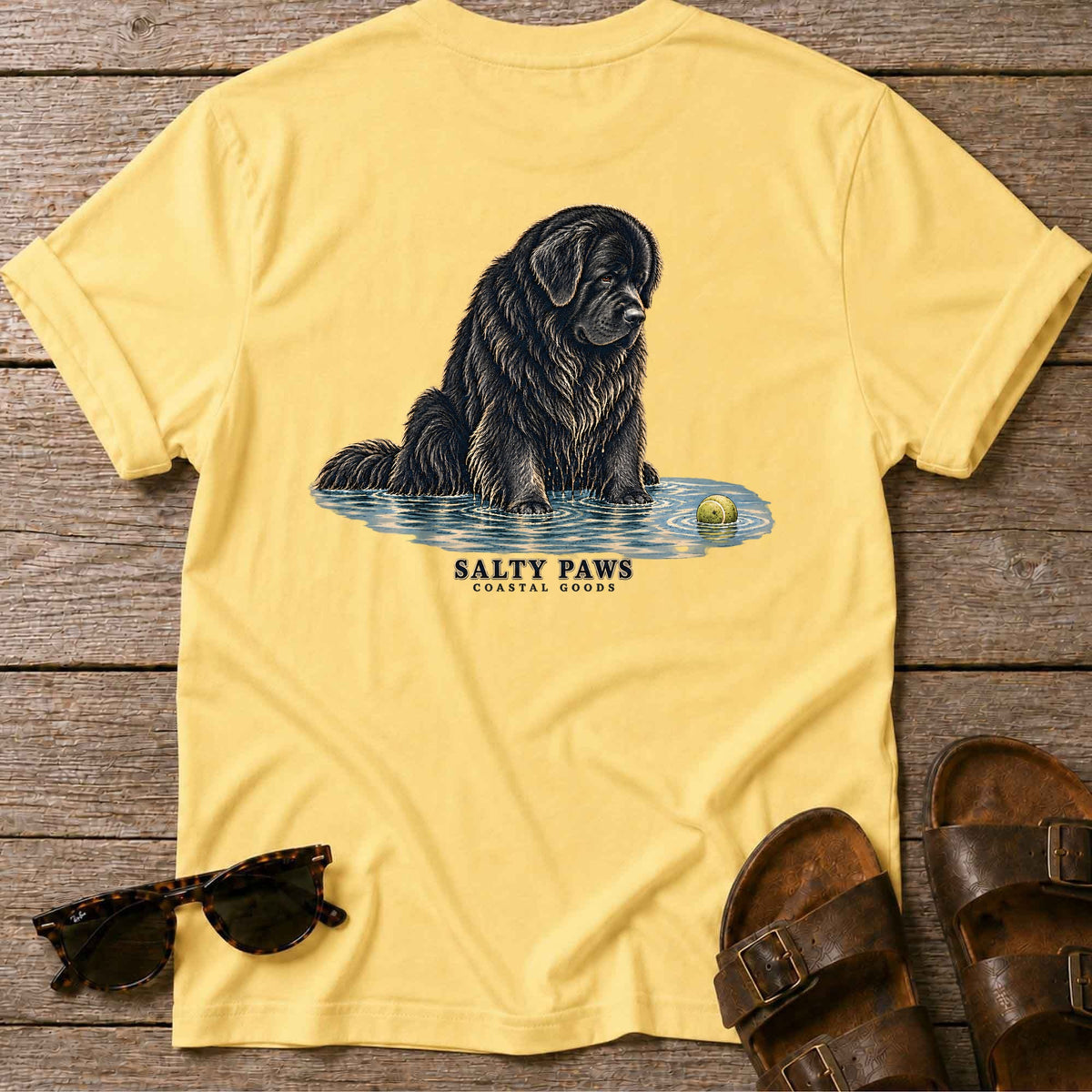 Newfoundland Ball Back Design T-Shirt in Daisy, Salty Paws T-Shirt, back design flat lay