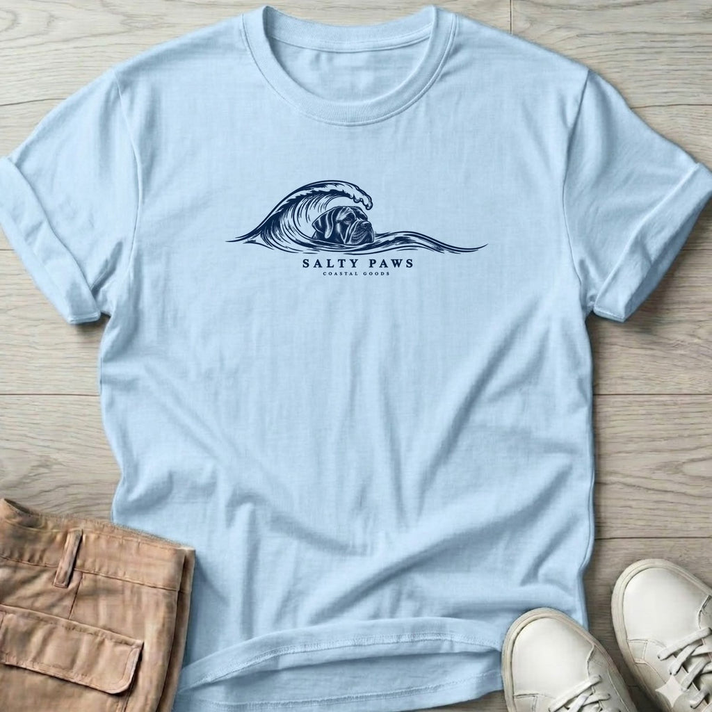 Cane Corso Wave T-Shirt in Light Blue, Salty Paws T-Shirt, front design flat lay