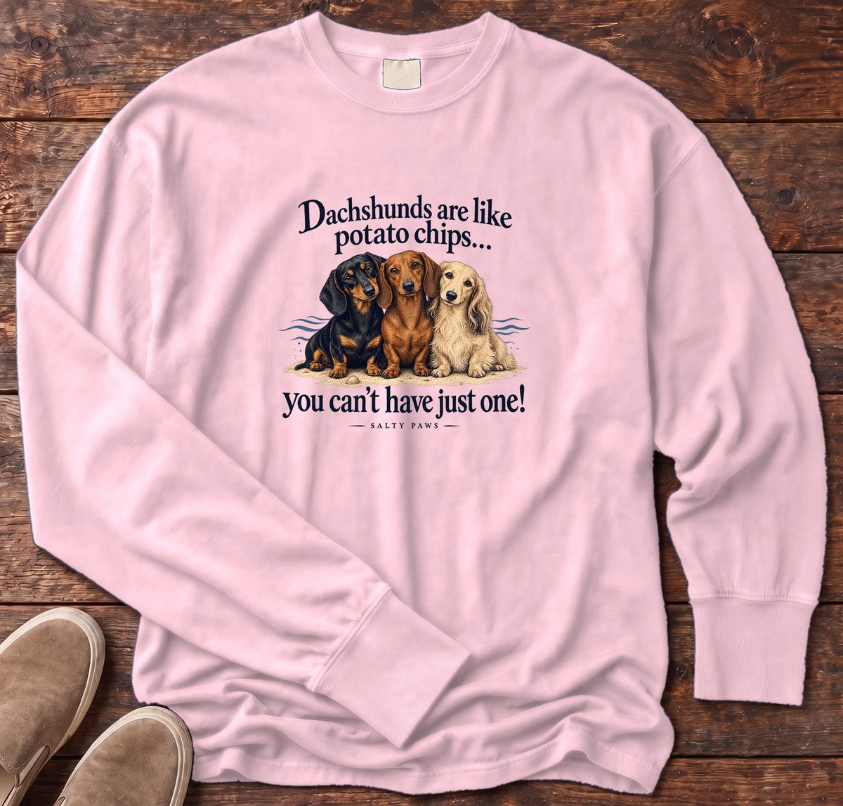 Dachshunds Are Like Potato Chips Long Sleeve Tee in Blossom, Salty Paws Comfort Colors Long Sleeve Tee, front design flat lay