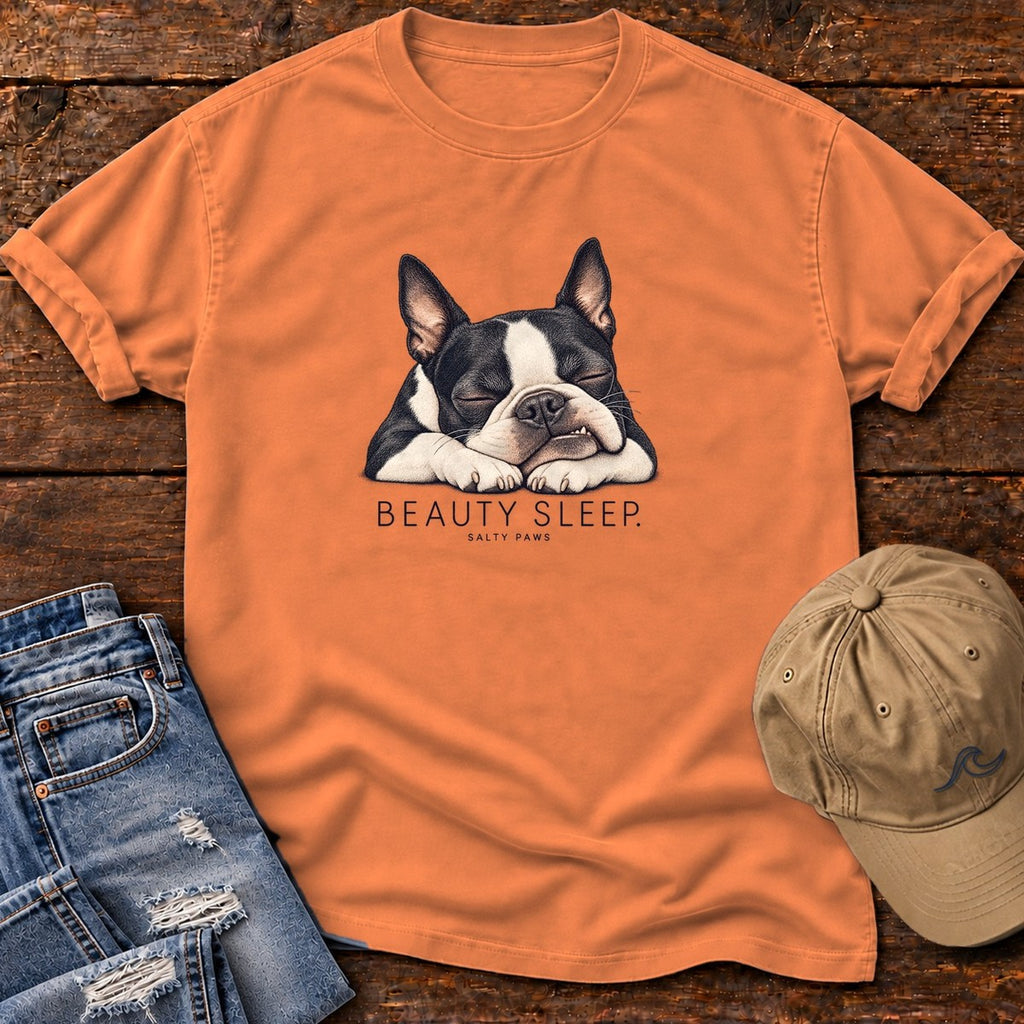 Beauty Sleep Boston Terrier T-Shirt in Burnt Orange, Salty Paws Comfort Colors T-Shirt, front design flat lay