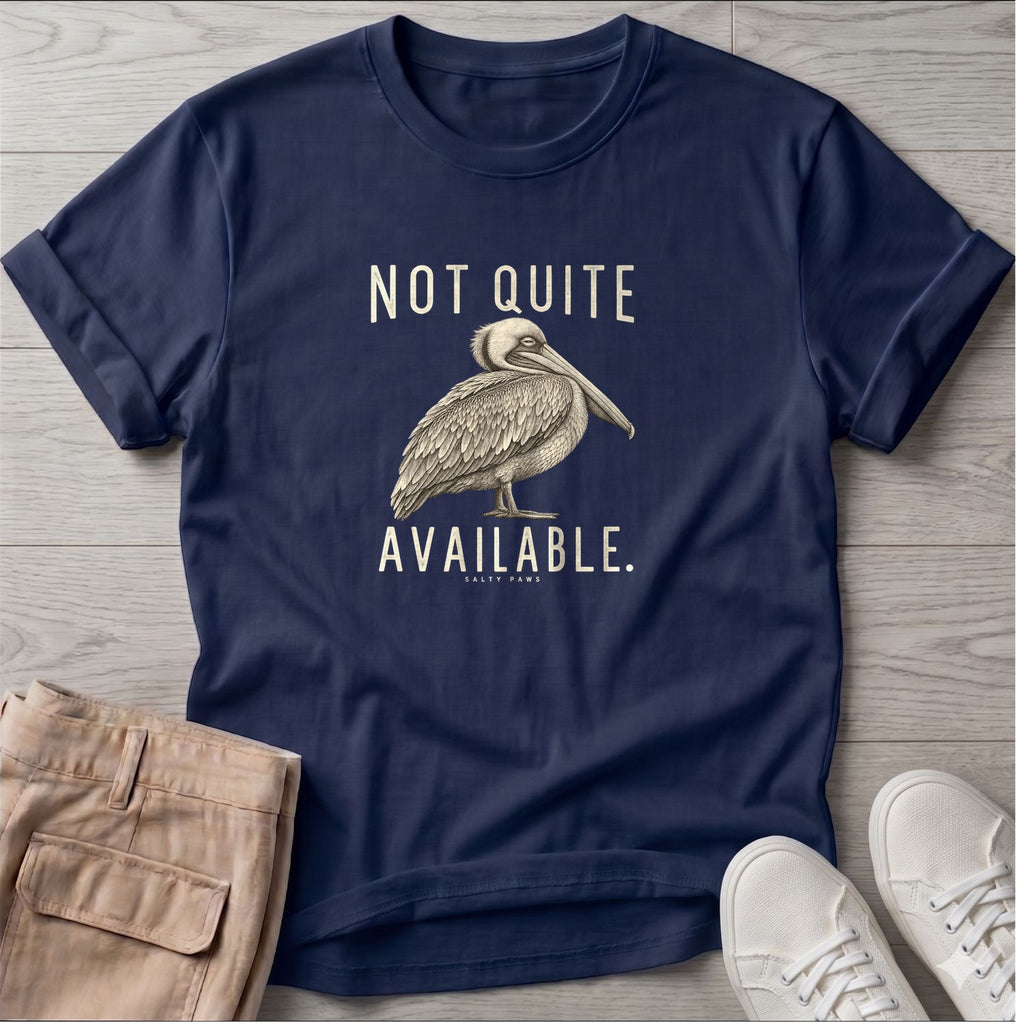 Not Quite Available Pelican T-Shirt in Navy, Salty Paws T-Shirt, front design flat lay