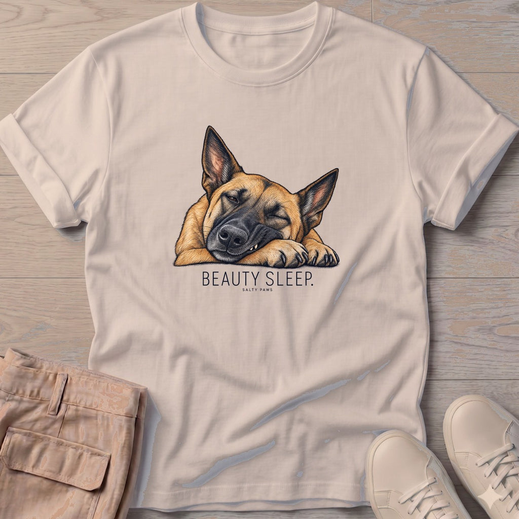 Beauty Sleep Belgian Malinois T-Shirt in Sand, Salty Paws T-Shirt, front design flat lay