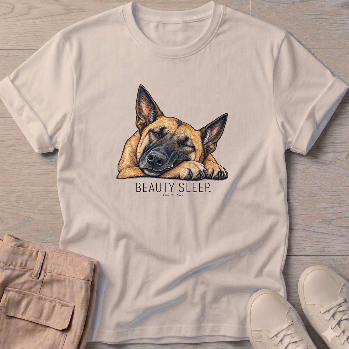 Beauty Sleep Belgian Malinois T-Shirt in Sand, Salty Paws T-Shirt, front design flat lay