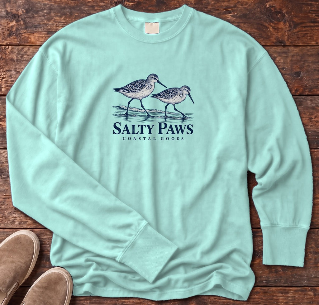 Two Sandpipers Long Sleeve Tee in Chalky Mint, Salty Paws Comfort Colors Long Sleeve Tee, front design flat lay