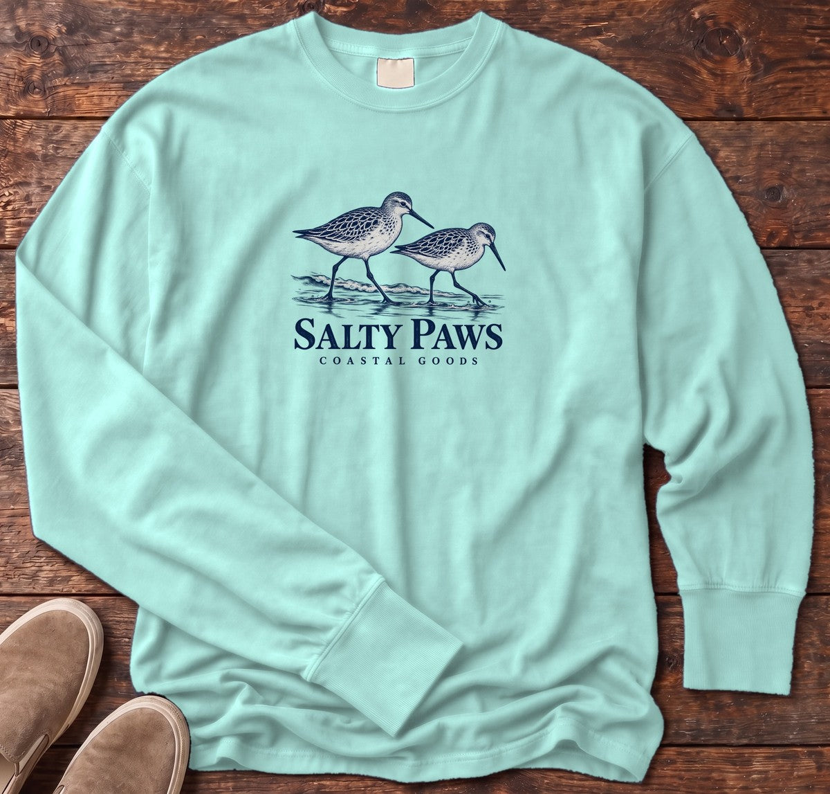 Two Sandpipers Long Sleeve Tee in Chalky Mint, Salty Paws Comfort Colors Long Sleeve Tee, front design flat lay