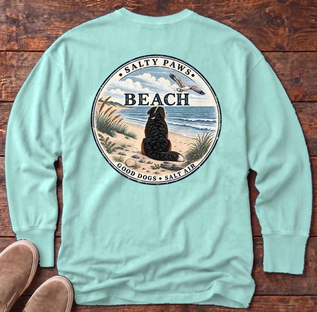 Salty Paws Beach Bernese Back Design Long Sleeve Tee in Chalky Mint, Salty Paws Comfort Colors long sleeve tee