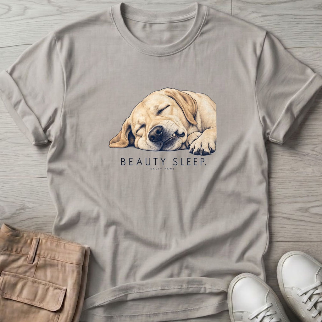 Beauty Sleep Labrador T-Shirt in Ice Grey, Salty Paws T-Shirt, front design flat lay