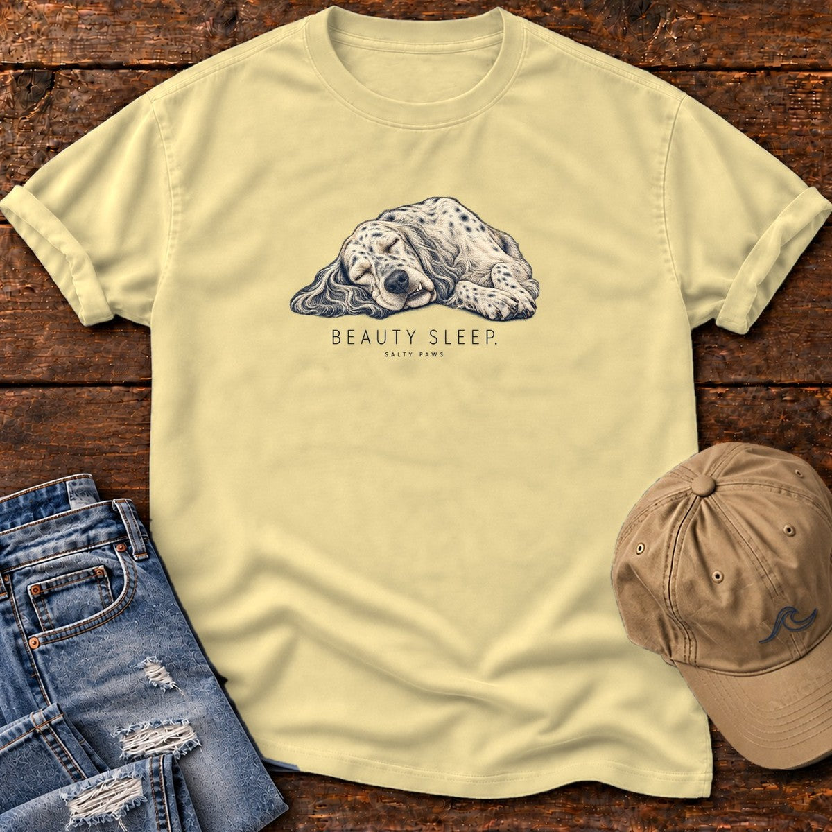 Beauty Sleep English Setter T-Shirt in Butter, Salty Paws Comfort Colors T-Shirt, front design flat lay