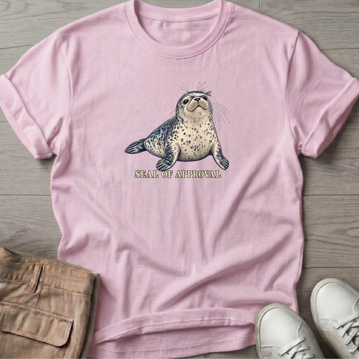 Seal of Approval T-Shirt in Light Pink, Salty Paws T-Shirt, front design flat lay