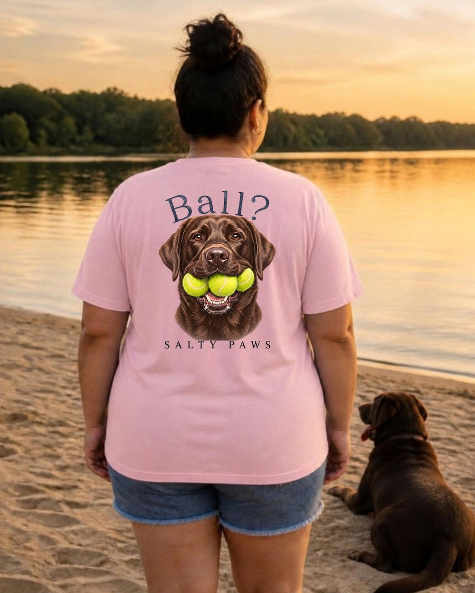 Ball? Chocolate Lab Back Design Comfort Colors T-Shirt in Blossom, worn by a model