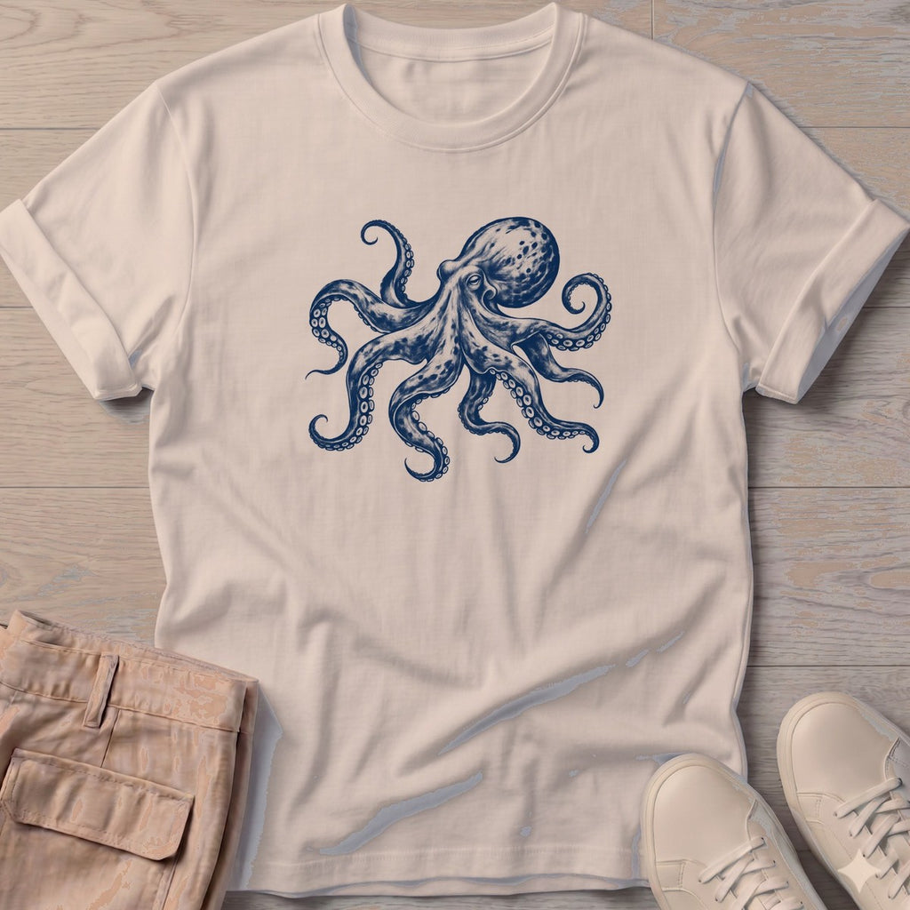 Octopus T-Shirt in Sand, Salty Paws T-Shirt, front design flat lay