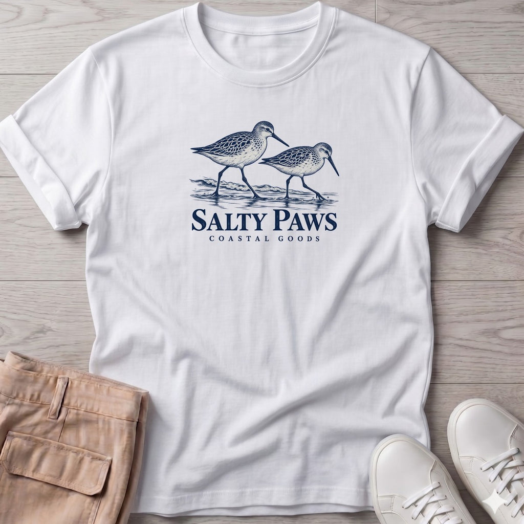 Two Sandpipers T-Shirt in White, Salty Paws T-Shirt, front design flat lay