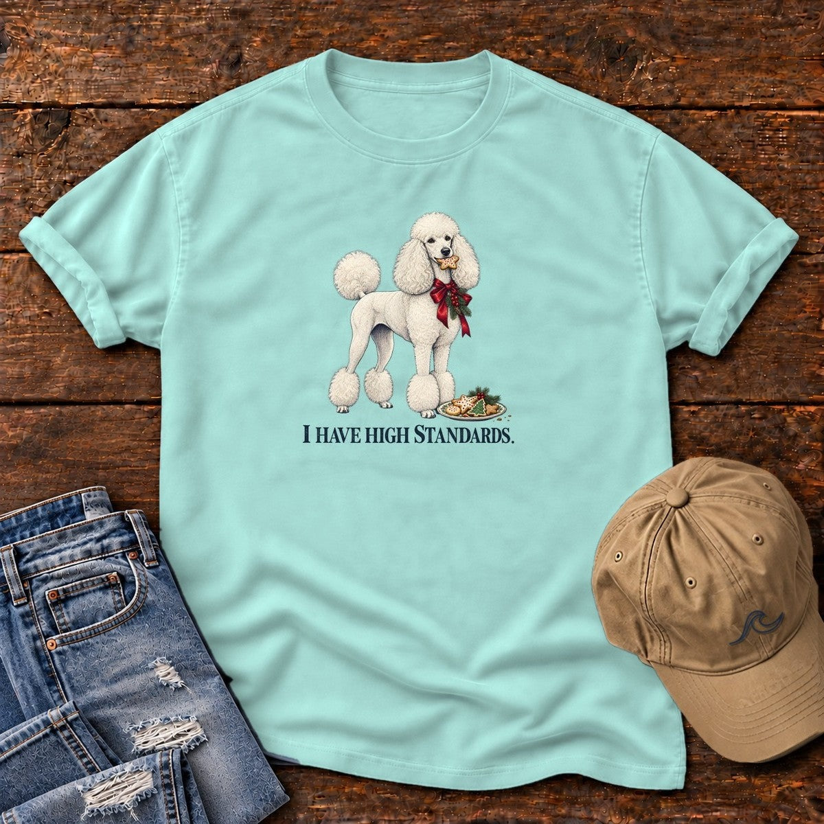 I Have High Standards Poodle T-Shirt in Chalky Mint, Salty Paws Comfort Colors T-Shirt, front design flat lay