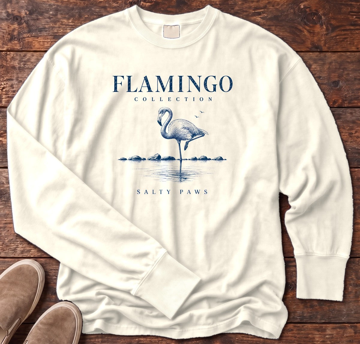 Flamingo Collection Long Sleeve Tee in Ivory, Salty Paws Comfort Colors long sleeve tee